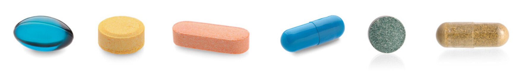 Set of many pills isolated on white