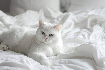 Fototapeta na wymiar A beautiful white British cat lies on a bed on a white sheet in sunlight. Luxury modern interior