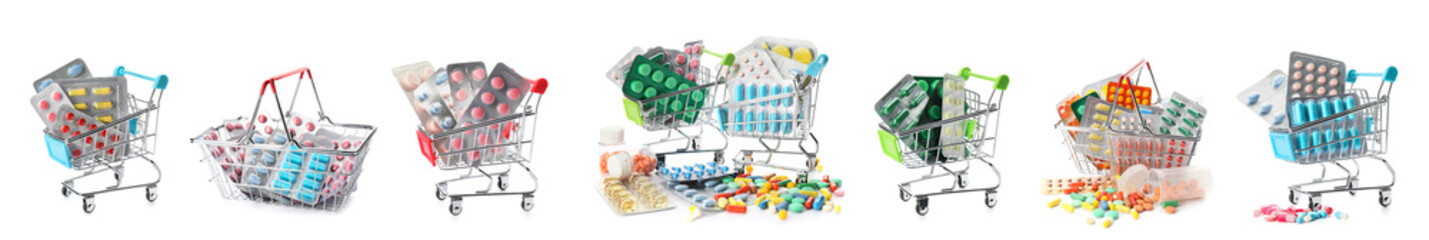 Set of small shopping carts and baskets with pills on white background