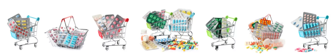Schilderijen op glas Set of small shopping carts and baskets with pills on white background © Pixel-Shot