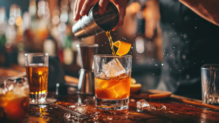Close-up of a bartender pouring whiskey into a glass with ice cubes - obrazy, fototapety, plakaty