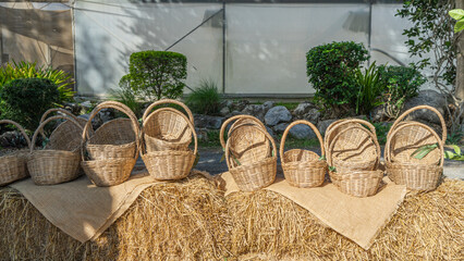 Pictures of handicrafts woven from natural materials There are rows and rows of baskets woven by...