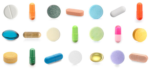 Set of many different pills isolated on white