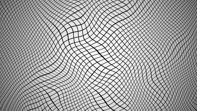 a wavy, grid-like pattern on a grayscale background. the intersecting lines create a distorted, optical illusion effect, giving the appearance of a three-dimensional, undulating surface.