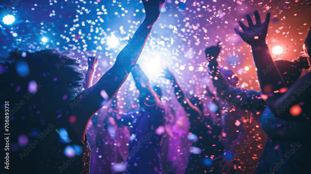 Poster dynamic scene of people dancing and celebrating at a party or club with confetti in the air and colo