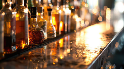 Whiskey bottles on a bar counter with a backdrop of various blurred bottles on illuminated shelves.