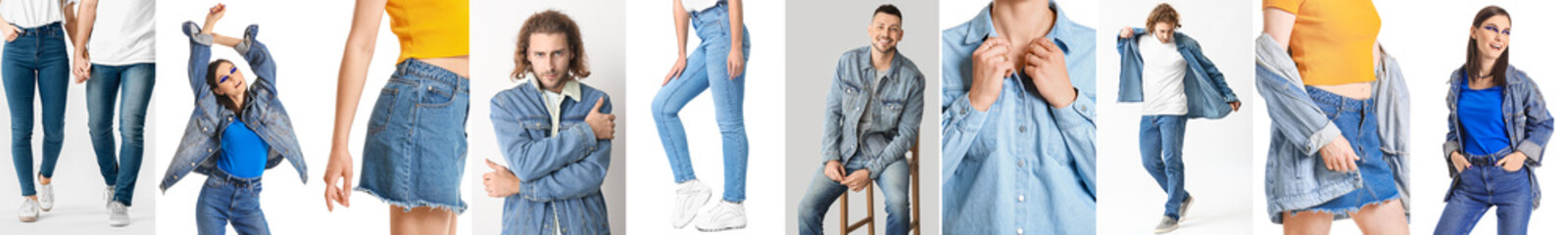 Collection of young people in stylish jeans clothes on light background