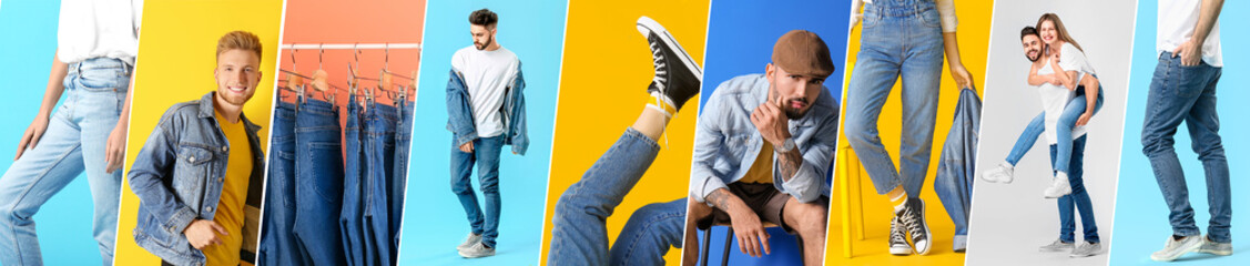 Collage of young people and stylish jeans clothes on light background