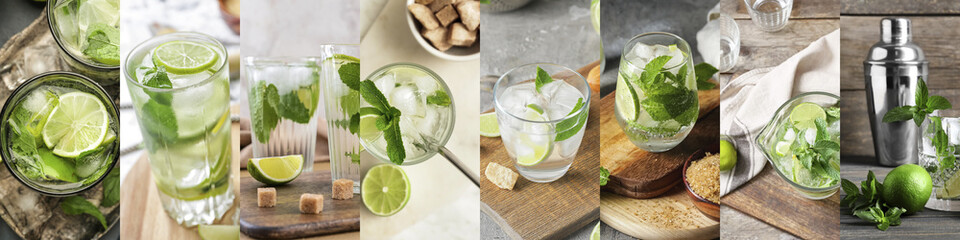 Collage of glasses with refreshing mojito on table