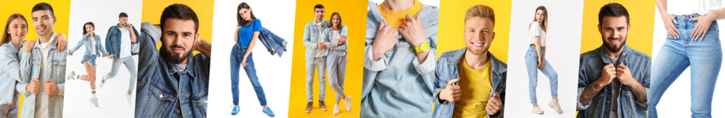 Collage of young people in stylish jeans clothes on white and yellow backgrounds