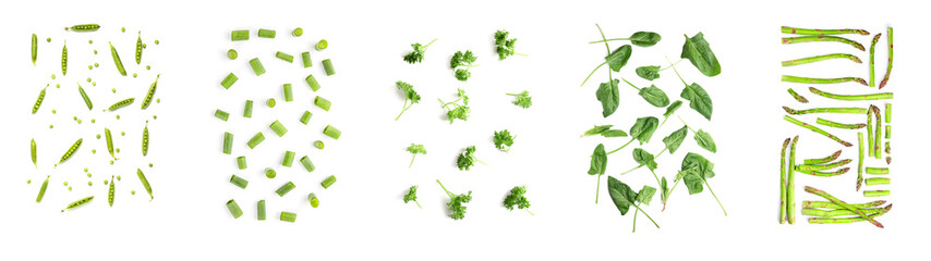 Set of fresh green vegetables and herbs on white background, top view - Powered by Adobe