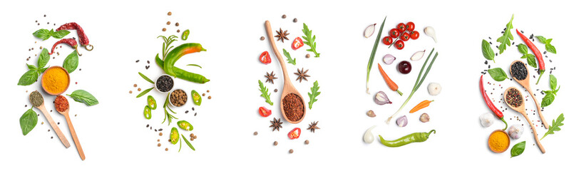 Set of fresh green vegetables with herbs and spices on white background, top view