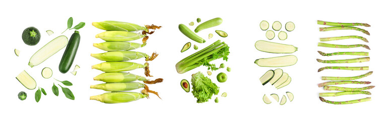 Set of fresh green vegetables on white background, top view