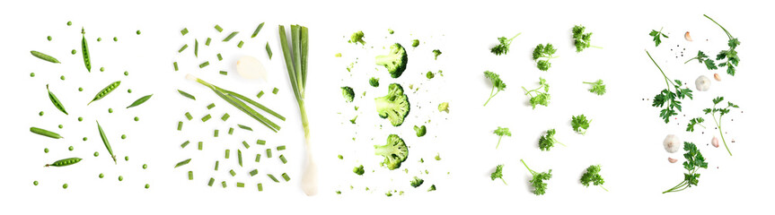 Set of fresh green vegetables and herbs on white background, top view