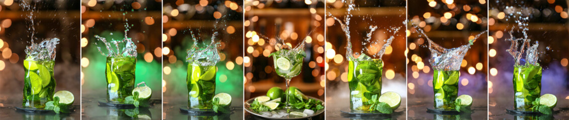 Set of glasses with splashing mojito on dark background with blurred lights