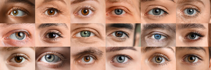Collage of different human eyes, closeup
