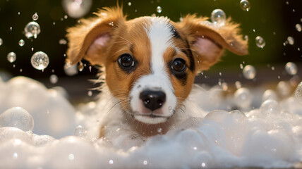 Cute Puppy Enjoying Bubble Bath Grooming washing service for domestic animals pets.