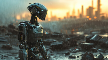 Dramatic portrait of a futuristic humanoid robot cyborg with a slick design, standing in the rain in front of a destroyed city at dawn - Artificial intelligence technology concept