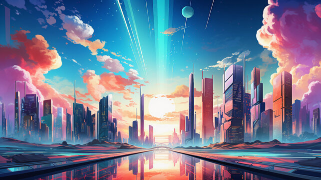 Modern cityscape with futuristic buildings and a digitally enhanced sky in cool colors. 