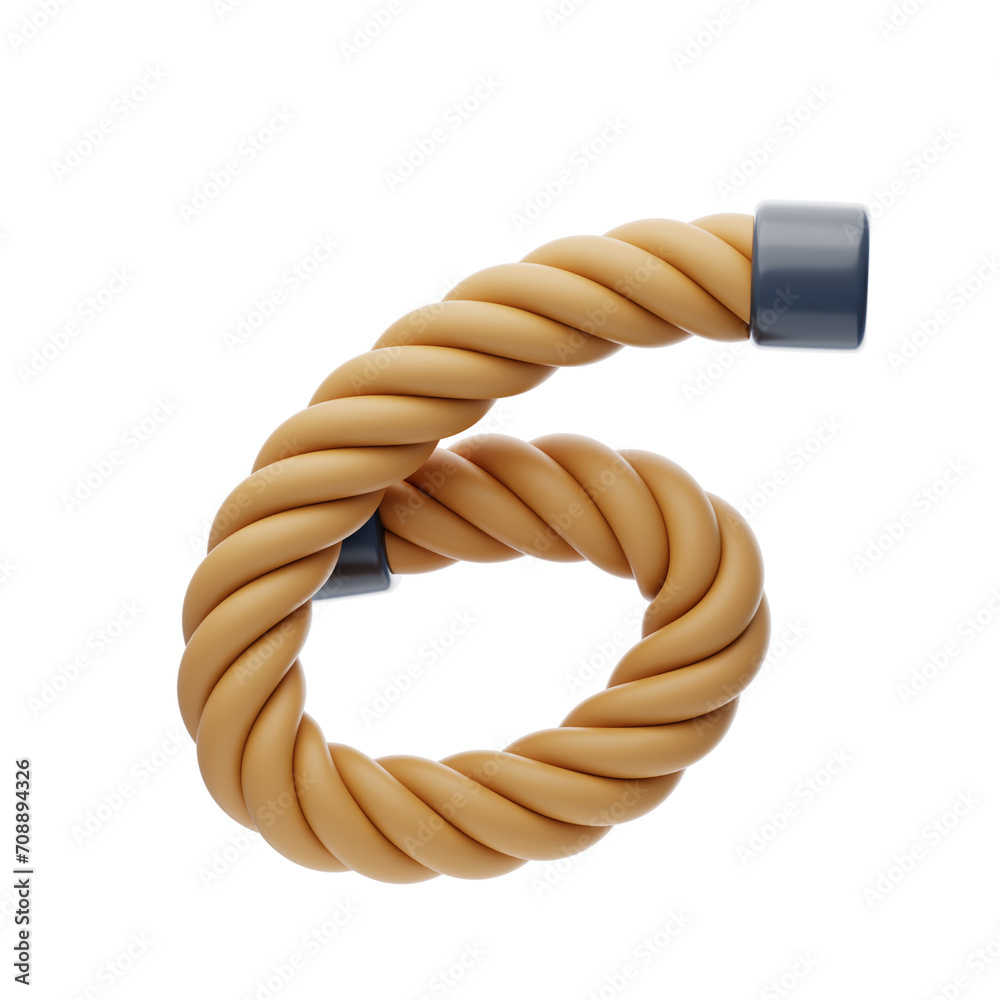 Poster 3d number 6 shape rope text. 3d illustration, 3d element, 3d rendering. 3d visualization isolated on