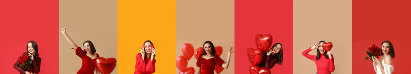 Collage of beautiful young women with balloons and rose flowers on color background. Valentines Day...