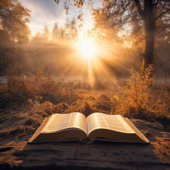 open bible in a serene background with the sunlight shinning on int - obrazy, fototapety, plakaty