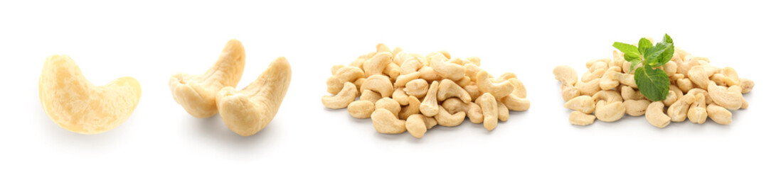 Collage of tasty cashew nuts on white background