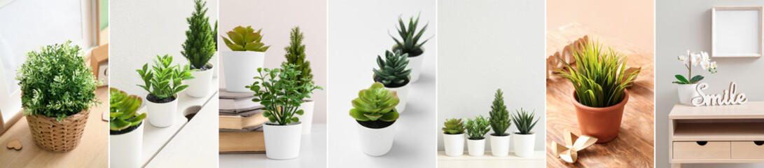 Collage of green artificial plants - obrazy, fototapety, plakaty