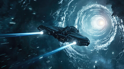 Spaceship flying through a wormhole, interstellar space travel , time travel concept in hyperspace

