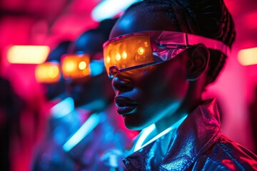 Artificial intelligence goggles gadget simulation eyewear on black women player like a cyborg technology for futuristic and neon suit glow at the cyberspace
