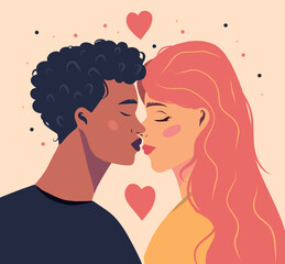 Vector banner love card beautiful couple in love, woman and man, people celebrate Valentine's Day on February 14th. Vector illustration in flat style
