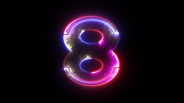 Glowing neon animated number 8 (Eight). Bright neon glowing number 8. Education concept