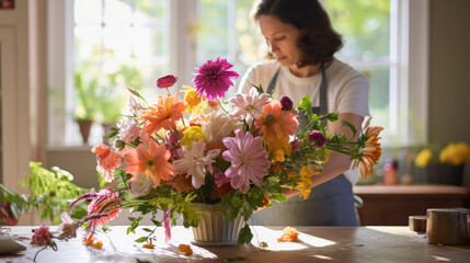 The Professional Artistry in the Step-by-Step Process of a Skilled Flower Florist - A Portrait of  Female Shop Owner Crafting Beautiful Bouquets in a Modern Floral Composition