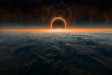 Surreal solar eclipse over Earth's horizon with starry space background, suitable for science fiction wallpapers and educational astronomy content. - obrazy, fototapety, plakaty