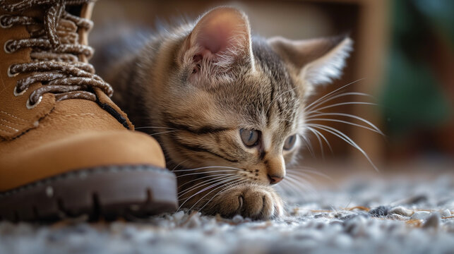 Kittens snuggling by to the owner's shoe