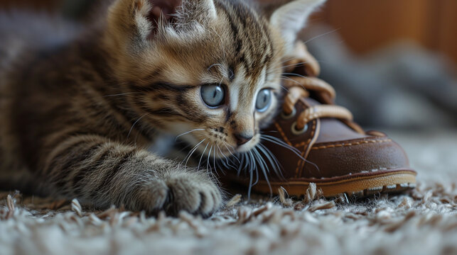 Kittens snuggling by to the owner's shoe