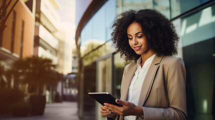 A young African American businesswoman, showcasing professionalism and technological proficiency, using a tablet near the entrance of a modern office building - obrazy, fototapety, plakaty