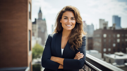 Fototapeta premium Smiling confident businesswoman with arms crossed standing on balcony