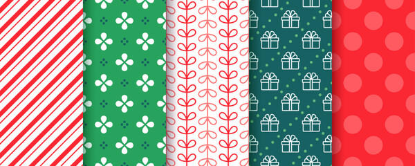 Seamless pattern. Christmas backgrounds with gift box, stripes and polka dots. Xmas New year prints. Set of red green textures. Festive wrapping paper. Collection backdrops. Vector illustration.