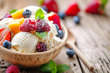 Close-up view of a wooden bowl filled with artisanal vanilla ice cream topped with a variety of fresh berries. 