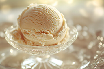 A scoop of creamy vanilla ice cream in glass plate. 