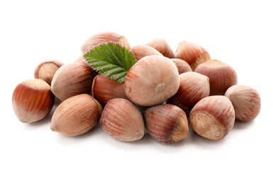 Shelled hazelnuts with leaf on white background