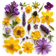 Flowers, petals, leaves on a white background
