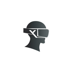 virtual reality glasses on the head on a white background, vector, element for logo, symbol of modern technology