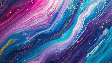 Beautiful abstract background with liquid paint of blue, purple, pink and glitter
