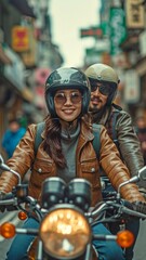 an asian man and woman riding a motorbike while wearing helmets