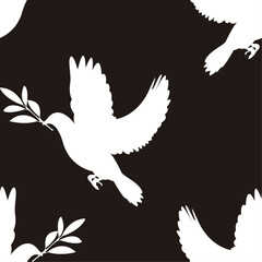 Patrón con estampado de la paloma blanca de la paz sujetando una rama de olivo con el pico y sobre fondo negro