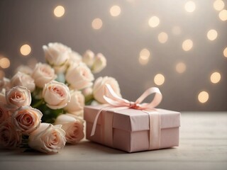 Valentine's Day,  Mother's Day and Woman's Day concept with flowers, candles and gift boxes on bokeh background