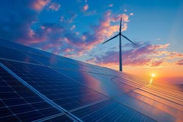 Sunset hues backdrop a serene image—windmill, turbine, and solar panel, an AI-crafted synergy embodying renewable energy's promise in a vast, blue sky canvas.
