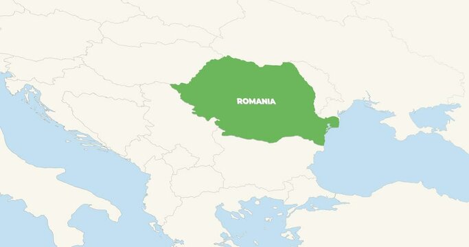 World Map Zoom In To Romania. Animation in 4K Video. Green Romania Territory On Blue and White World Map